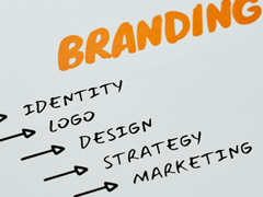 dry erase board with the word branding with bullet points of identity, logo, design, strategy and marketing